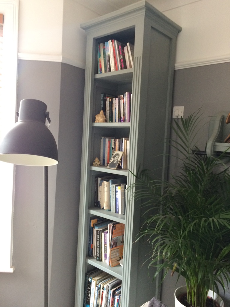 Slim built-in alcove bookcase painted grey-green, filled with books in a living room