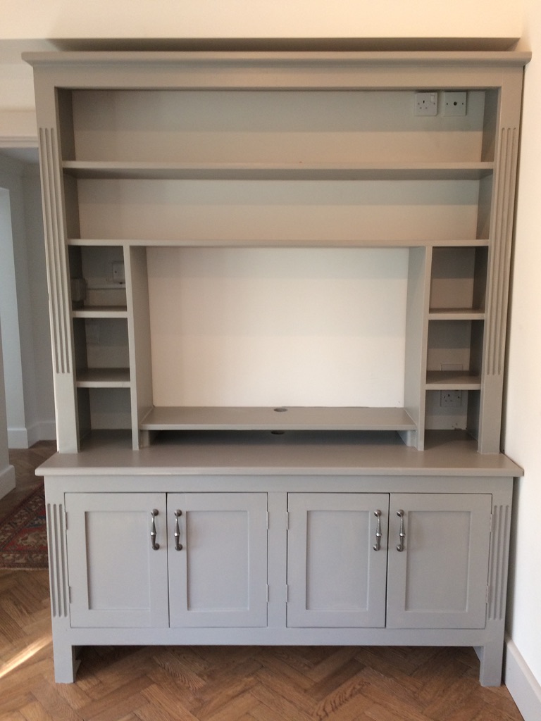 Painted dresser and media unit with open shelving, fluted pilasters and panelled cupboard doors